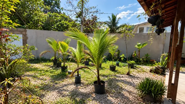 Lateral da casa pintada em verde com telhado de telha e serra ao fundo