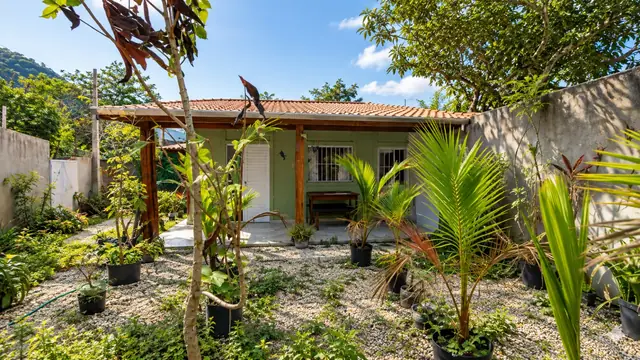 Fachada da casa com varanda coberta em madeira e palmeiras no quintal