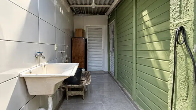 Quintal murado com palmeiras e porta de acesso
